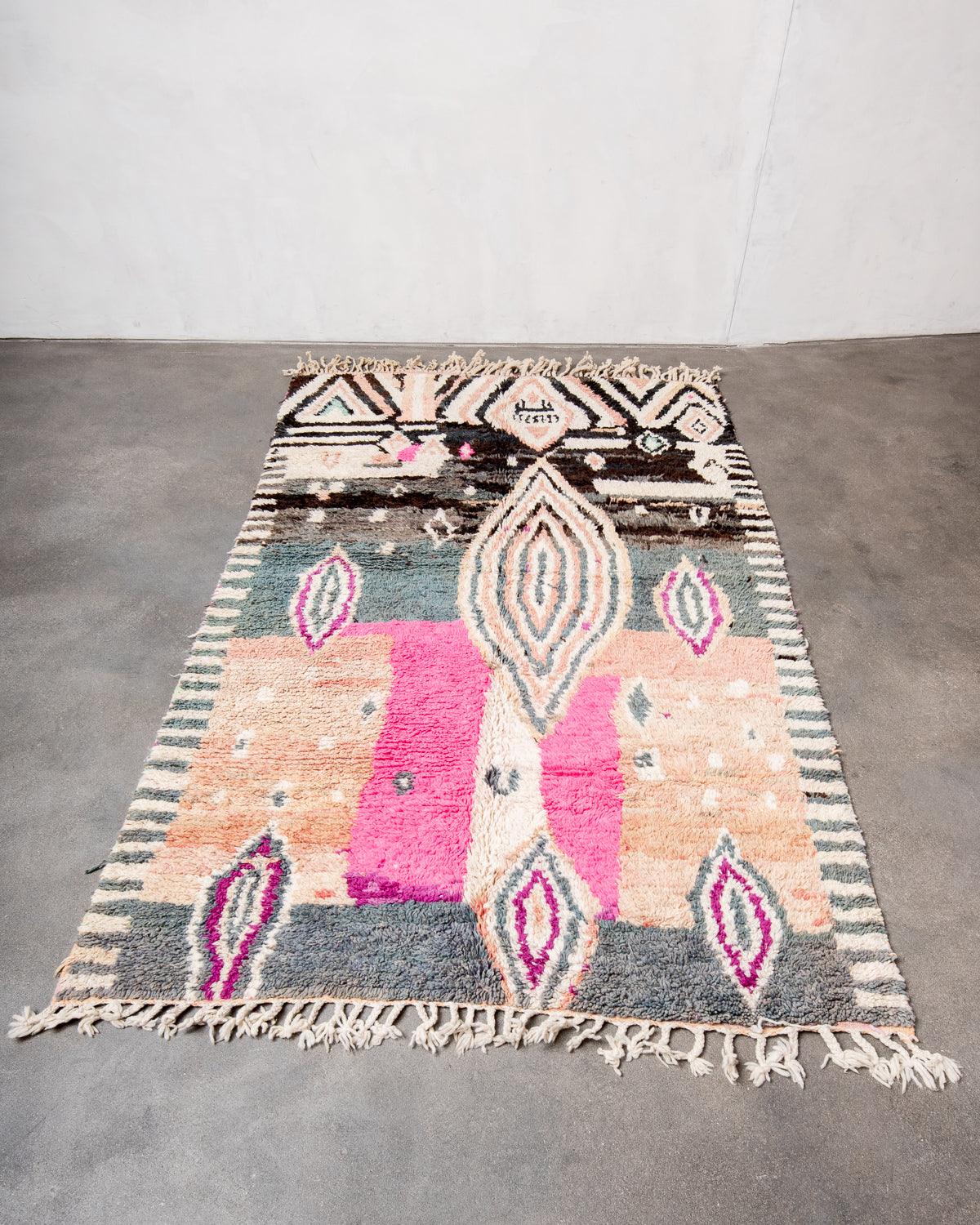 Modern, designer, handcrafted Berber rug from Morocco. Vintage carpet with beautiful colours and patterns and fluffy texture.